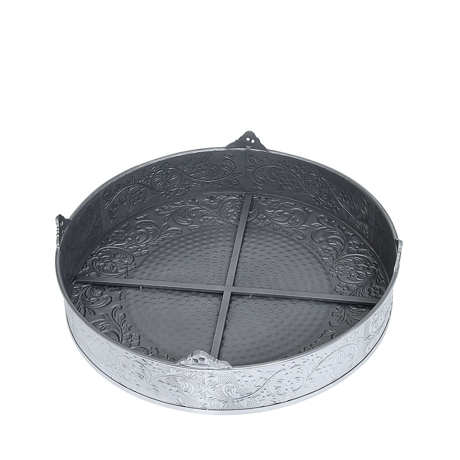 Metal 22" Round Cake Pedestal Stand Matte Silver - Cupcake Dessert Display Riser with Intricate Embossed Design for Upscale Events & Gatherings
