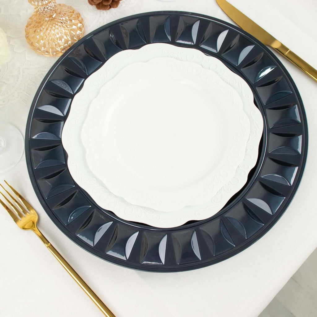 6-Pack Plastic Round Charger Plates 13" in Navy Blue with Bejeweled Rim, Luxe Decorative Dinner Party Charger Tableware