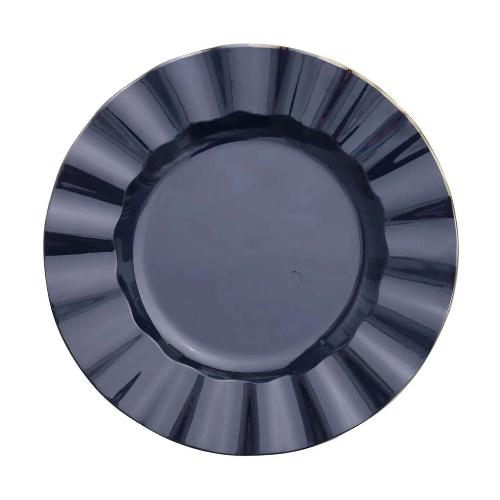 10-Pack Plastic 9" Round Dinner Plates in Navy Blue Ruffled Rim with Gold Edging - Sturdy Disposable Dinnerware