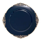 6-Pack Acrylic Round Charger Plates 13" in Navy Blue with Gold Embossed Baroque Rim, Antique Decorative Dinner Party Charger Tableware