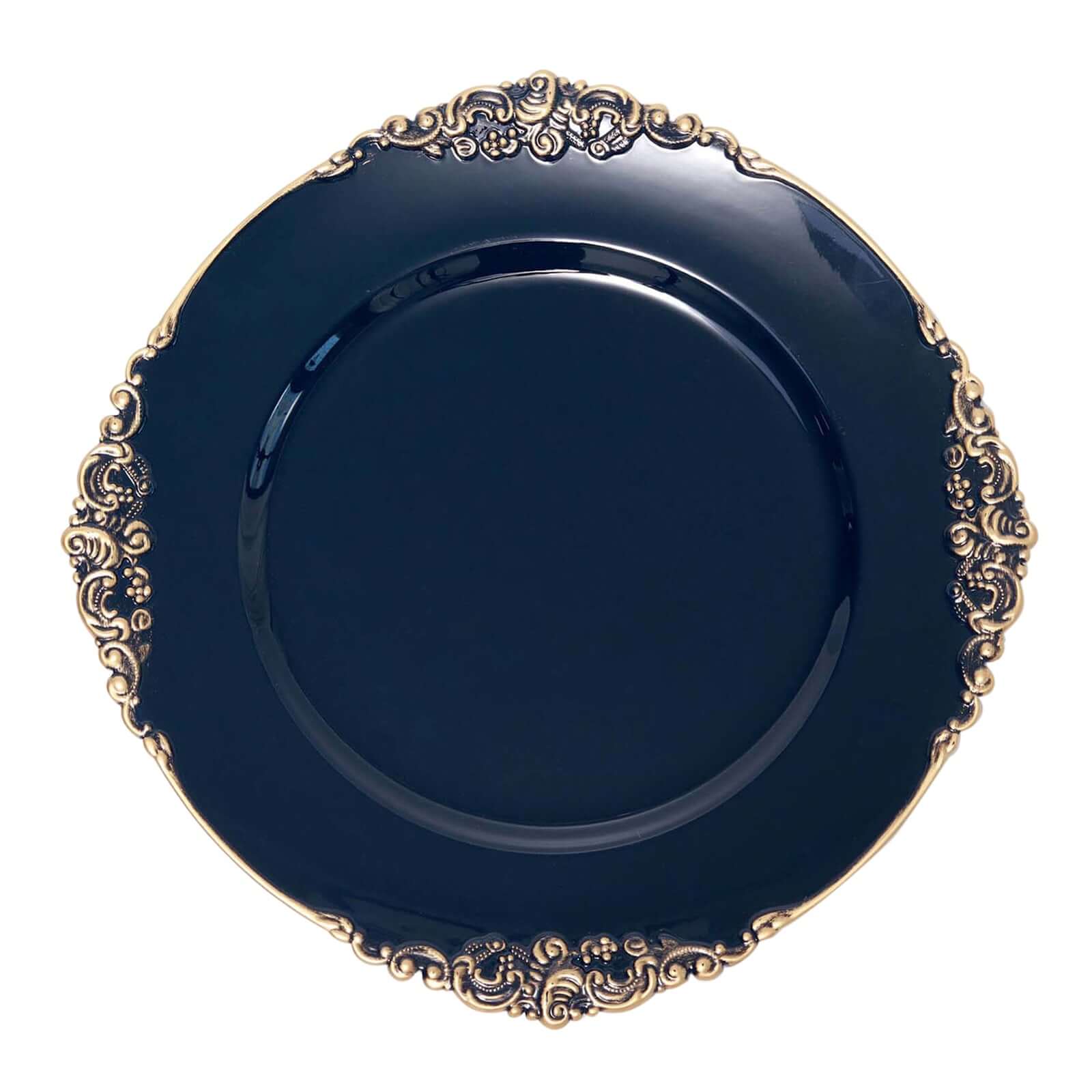 6-Pack Acrylic Round Charger Plates 13" in Navy Blue with Gold Embossed Baroque Rim, Antique Decorative Dinner Party Charger Tableware