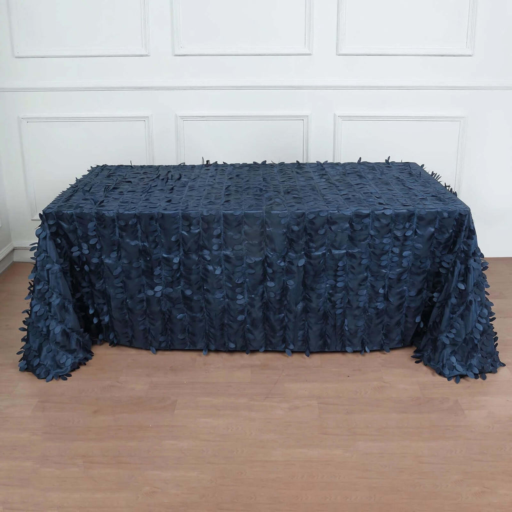 Taffeta 90"x132" Rectangle Tablecloth Navy Blue | 3D Leaf Petal Design Seamless Table Cover