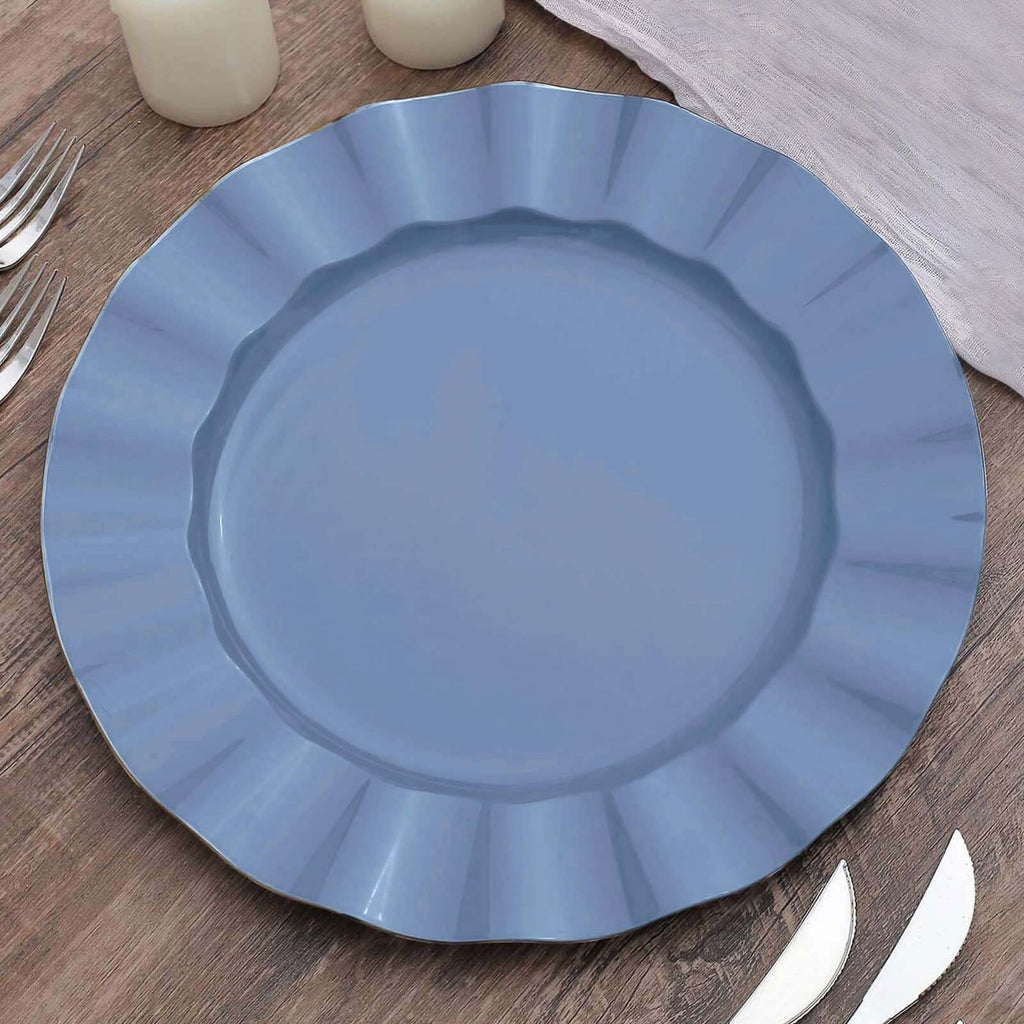 10-Pack Plastic 11" Round Dinner Plates in Ocean Blue Ruffled Rim with Gold Edging - Sturdy Disposable Dinnerware
