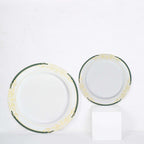 10-Pack Plastic 8" Round Dessert Plates in White with Hunter Emerald Green Rim - Stylish Gold Vine Design Disposable Salad/Appetizer Plates for Special Occasions & Celebrations