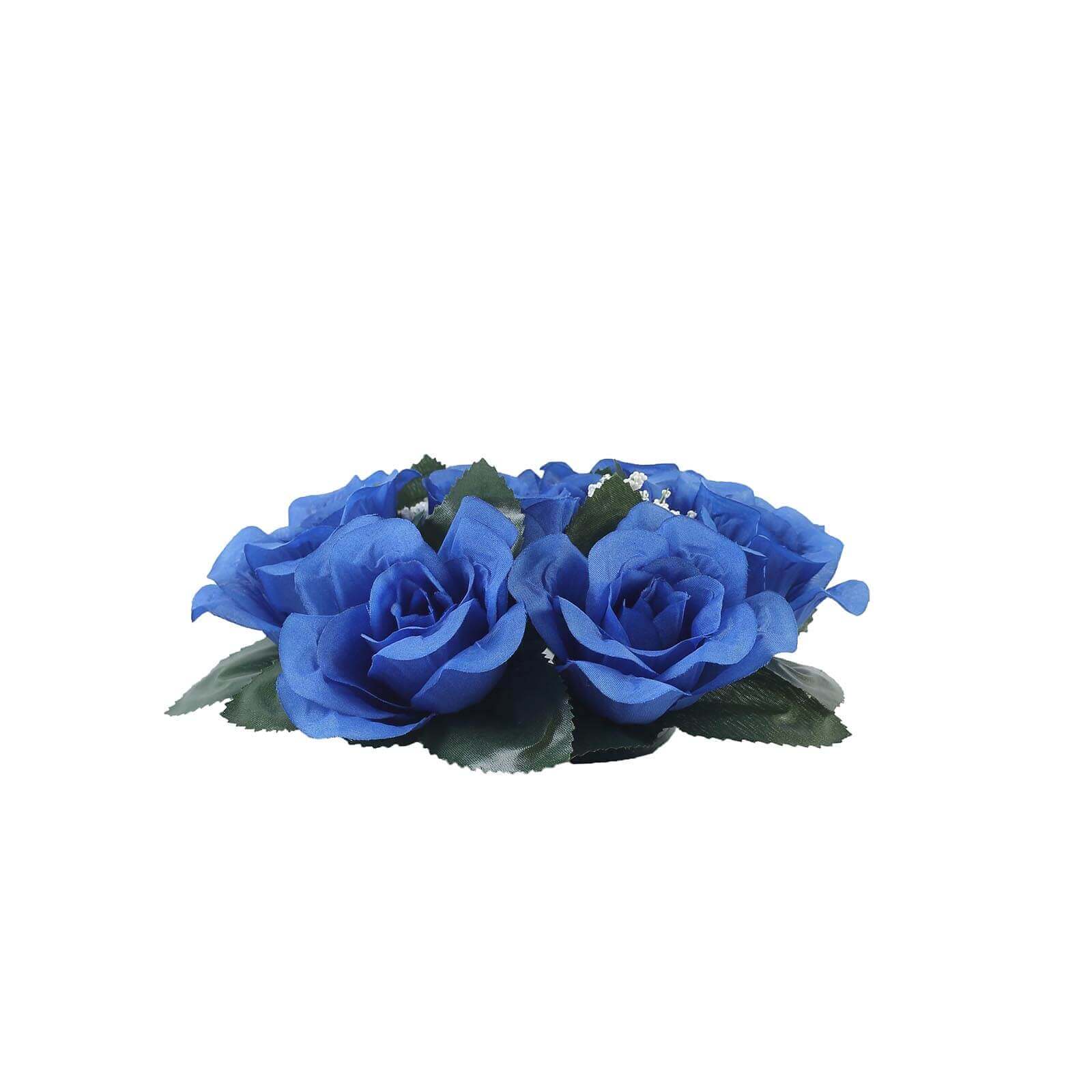 4 Pack 3" Royal Blue Artificial Silk Rose Flower Candle Ring Wreaths