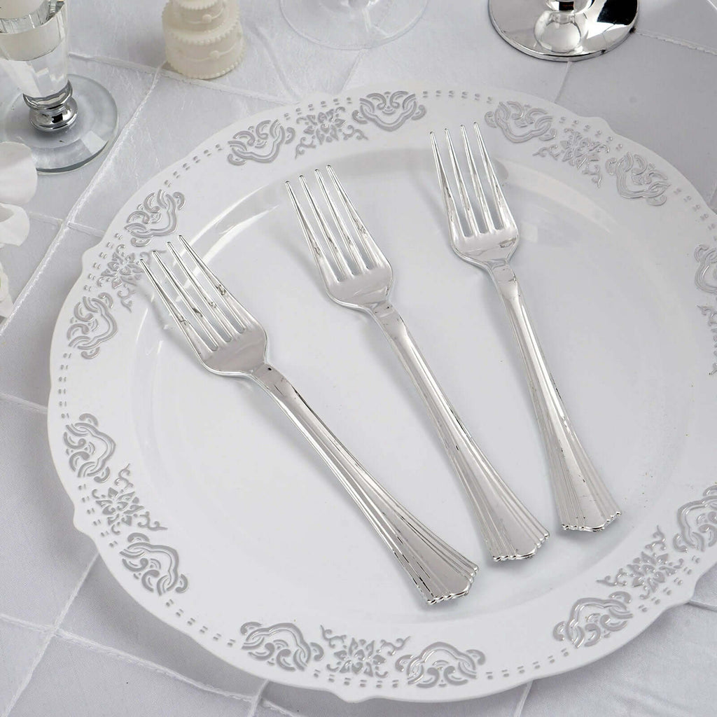 25-Pack Plastic Forks Silver Heavy Duty with Fluted Handles - Durable Disposable Tableware 7"