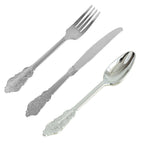 24 Pcs Plastic Silverware Set in Baroque Style Metallic Silver - Heavy Duty Disposable Knife, Fork, and Spoon Set