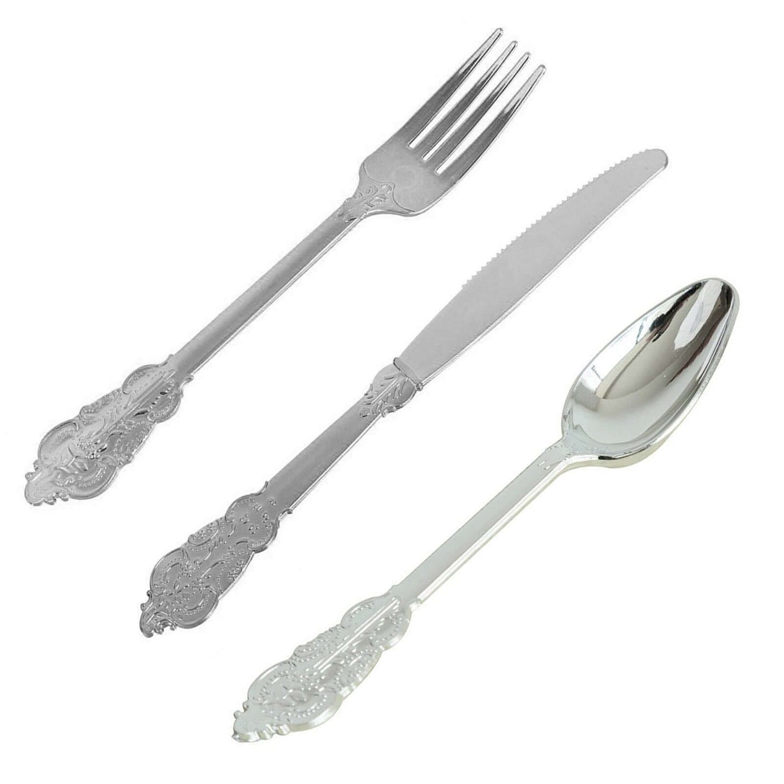 24 Pcs Plastic Silverware Set in Baroque Style Metallic Silver - Heavy Duty Disposable Knife, Fork, and Spoon Set