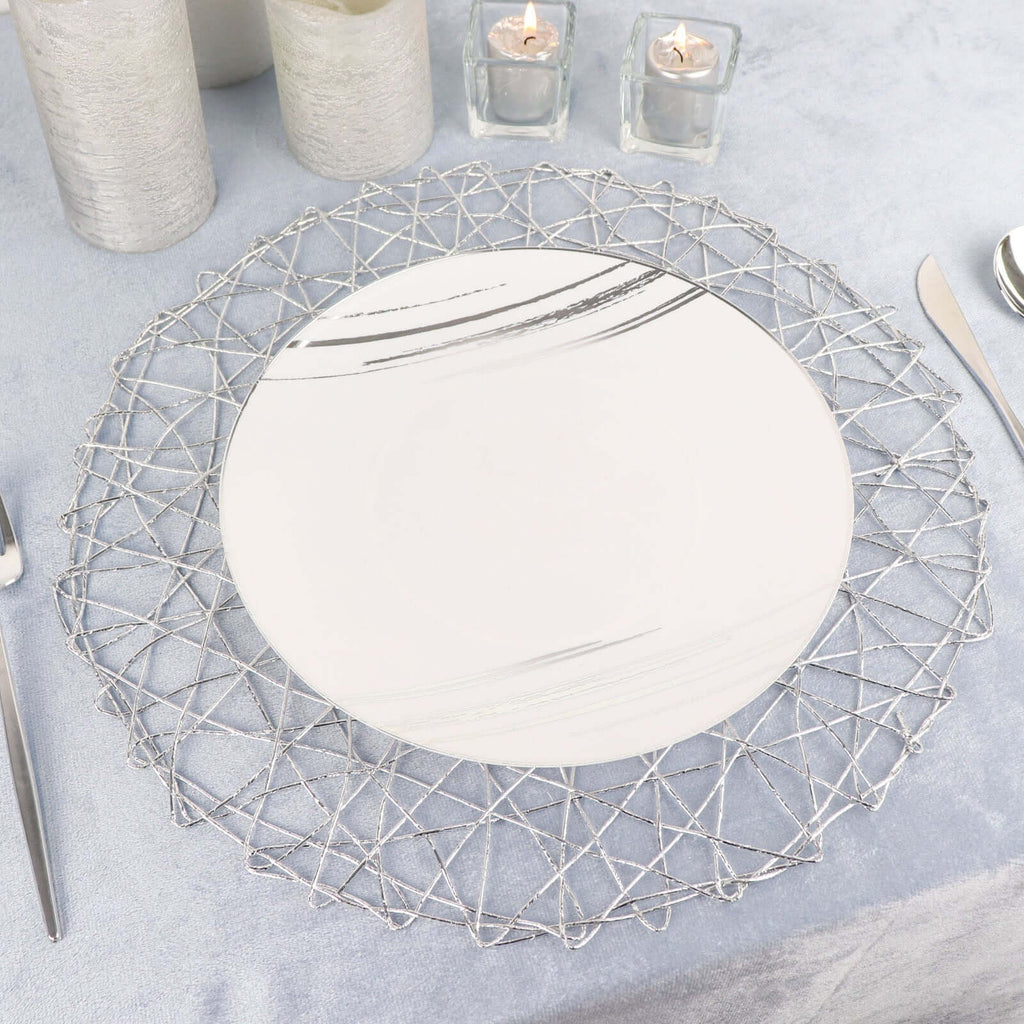 6-Pack Table Placemats Woven Fiber Design Silver Round - Disposable Mats for Dining and Events 15"