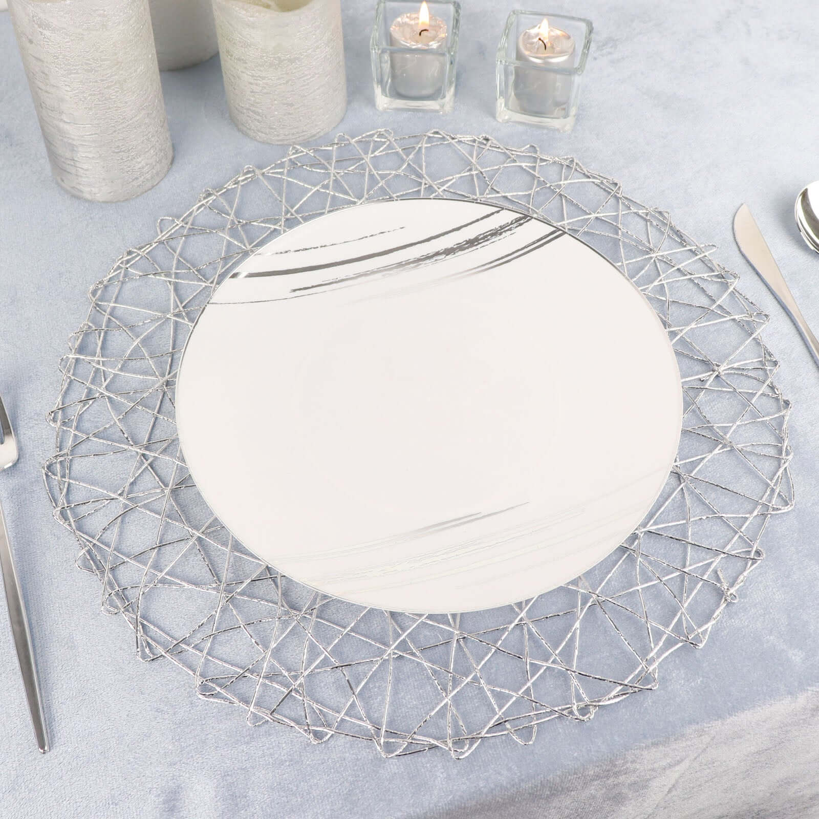 6-Pack Table Placemats Woven Fiber Design Silver Round - Disposable Mats for Dining and Events 15"