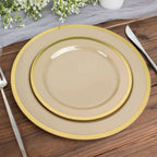 10-Pack Plastic 7" Round Appetizer Plates in Taupe with Gold Rim - Sleek Disposable Salad Plates for Banquets & Special Occasions