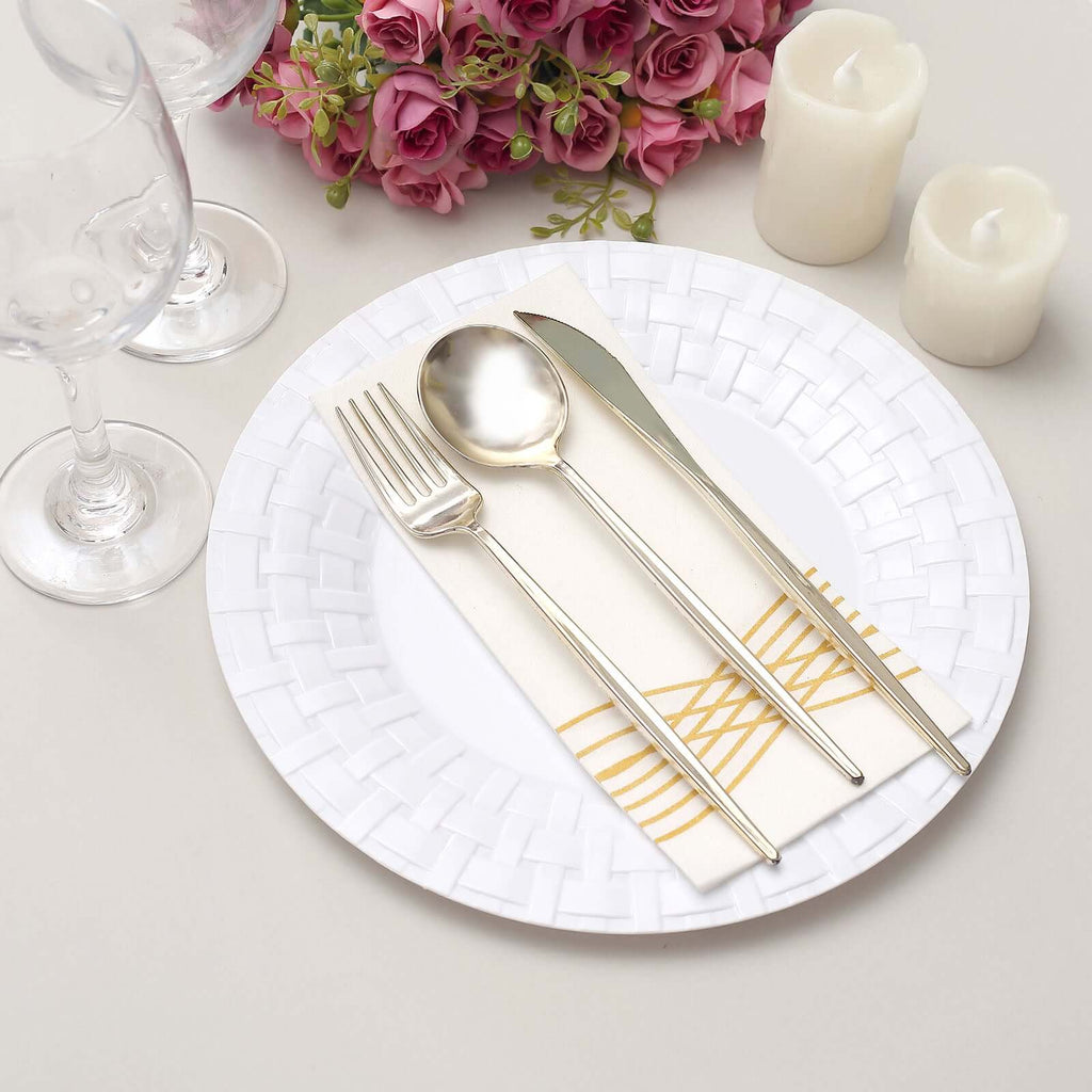 10-Pack Plastic Dinner Plates White Basketweave Rim - Durable Disposable Dinner Plates 10"