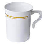 8-Pack Plastic Coffee Mugs White with Gold Stripes - Sturdy Disposable Cups for Coffee and Tea 8oz 4"