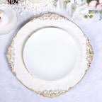 6-Pack Acrylic Round Charger Plates 13" in White Washed with Gold Embossed Baroque Rim, Antique Decorative Dinner Party Charger Tableware
