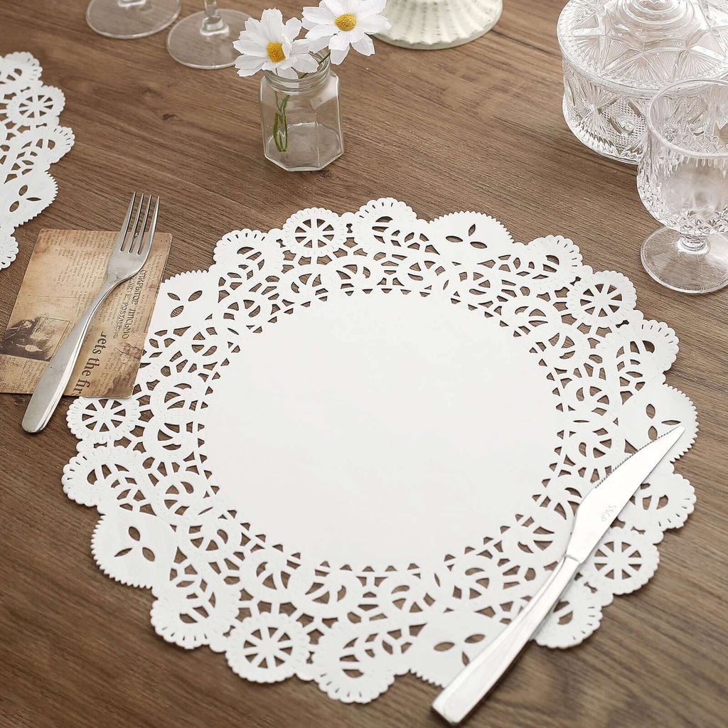 100 Pcs Paper 14" Round Placemats in White - Food Grade Lace Paper Doilies for Dessert Display & Table Decor