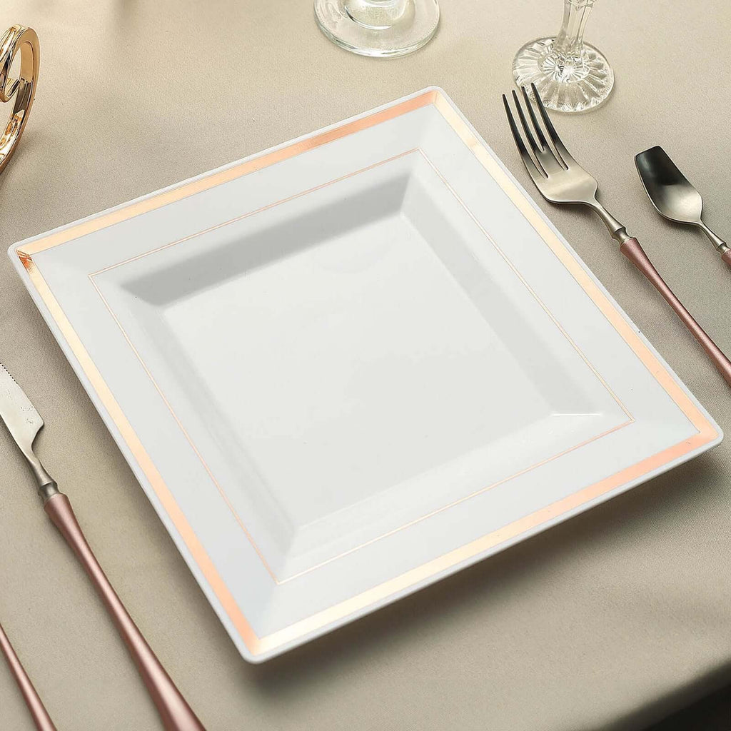 10-Pack Plastic Dinner Plates White Square with Rose Gold Trim - Lightweight Disposable Plates for Events 10"