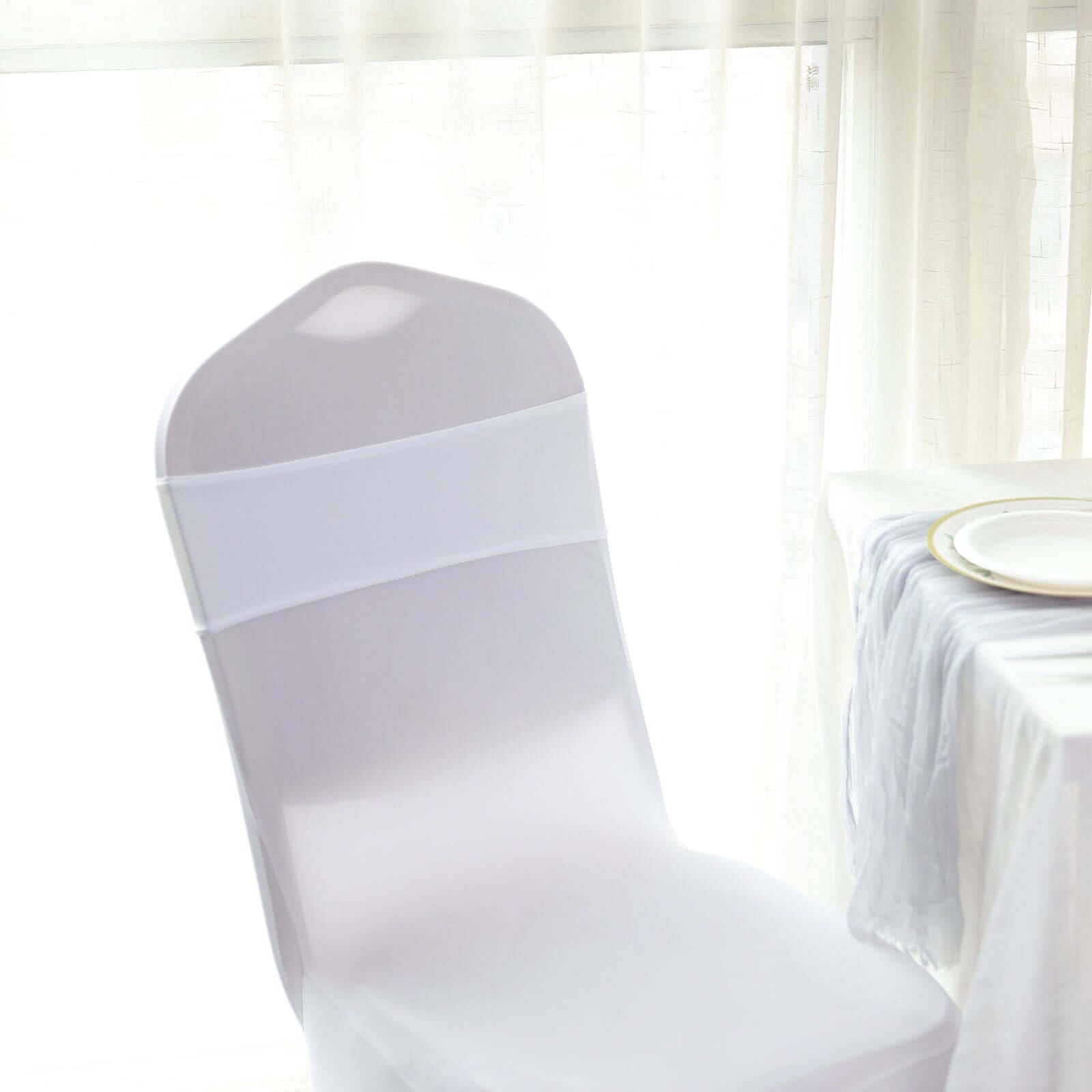5 Pack Stretch Spandex Chair Sashes White - Classy Reusable Chair Bands with Silver Diamond Ring Slide Buckle 5"x14"