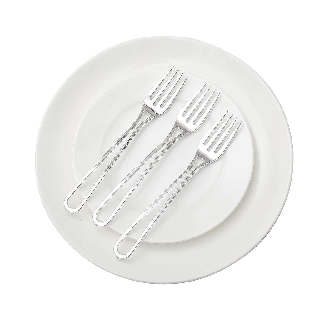 24-Pack Plastic Utensil Set with Modern Hollow Handle Design Silver - Disposable Silverware 7"