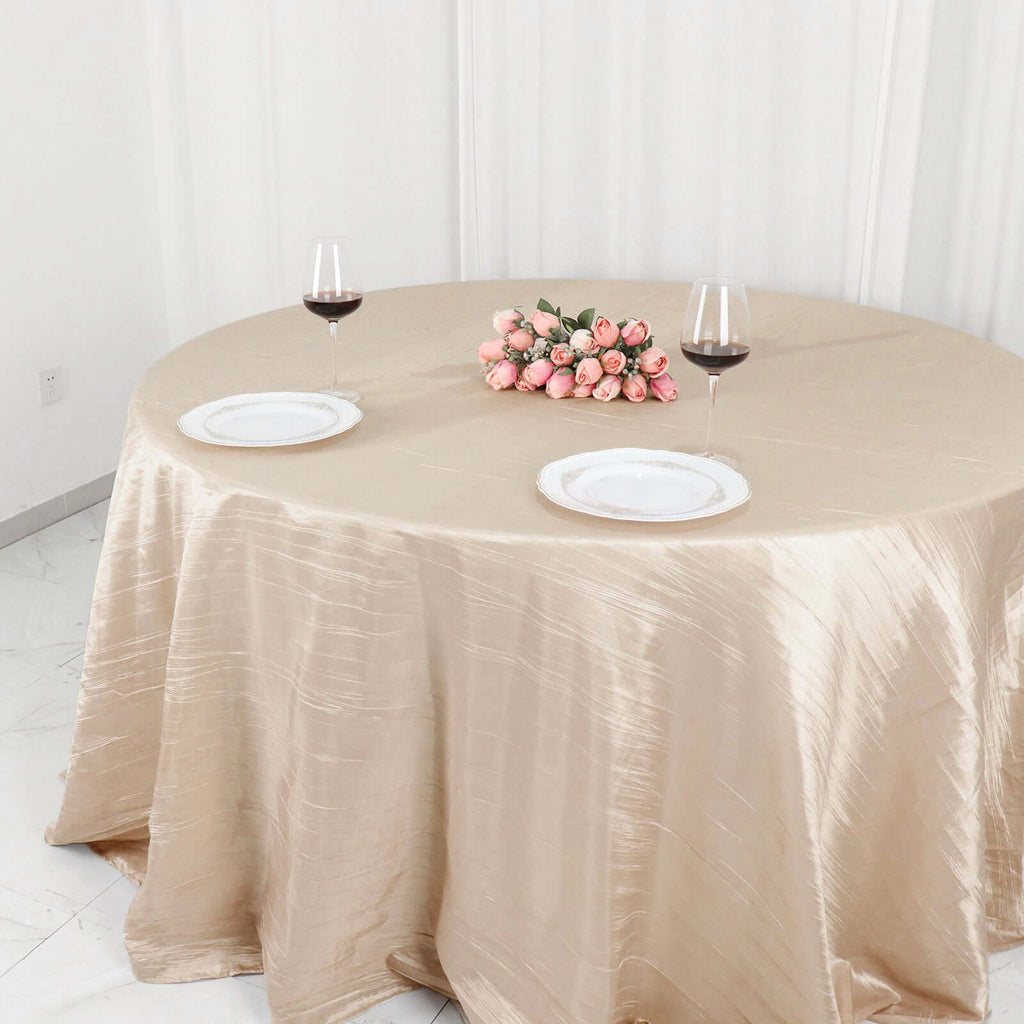 Taffeta 132" Round Tablecloth Beige - Seamless Accordion Crinkle Table Cover
