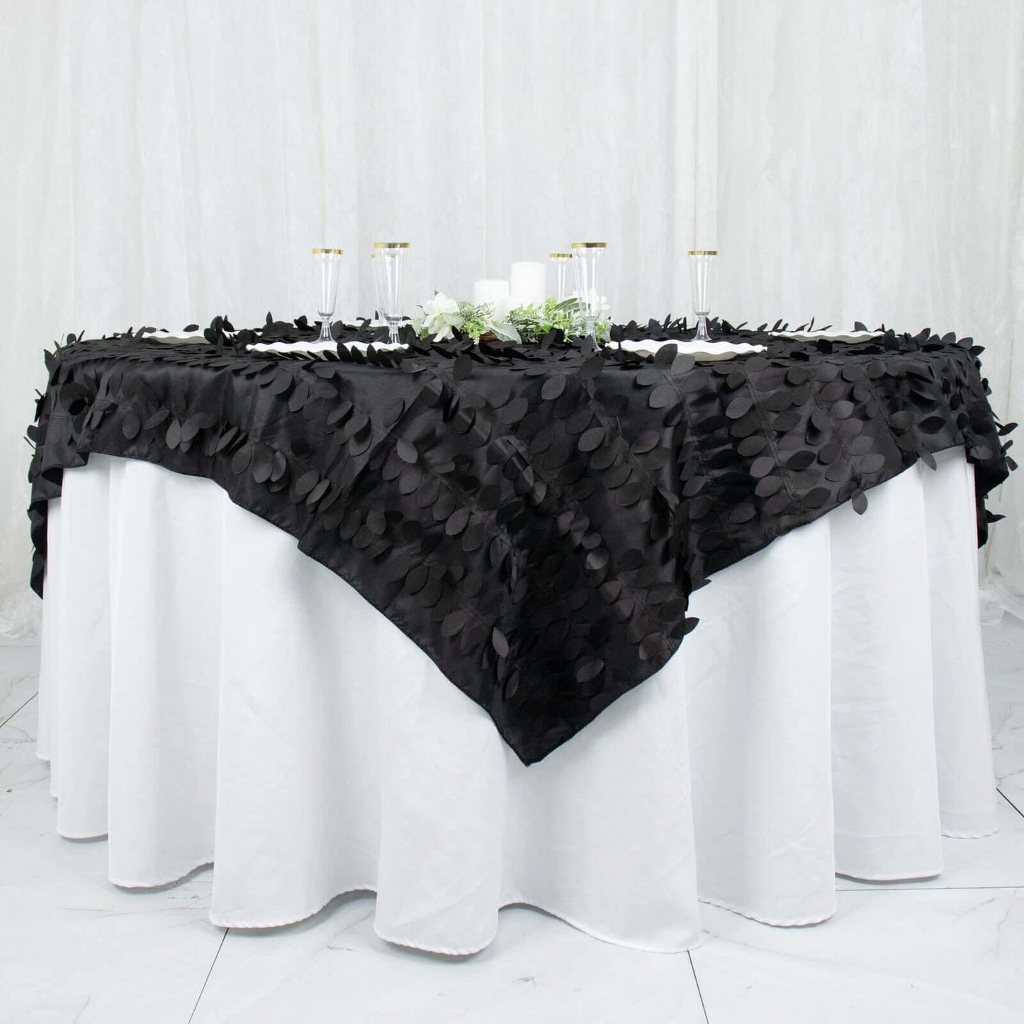 Taffeta 72"x72" Table Overlay Square Tablecloth Black - 3D Leaf Petal Table Cover