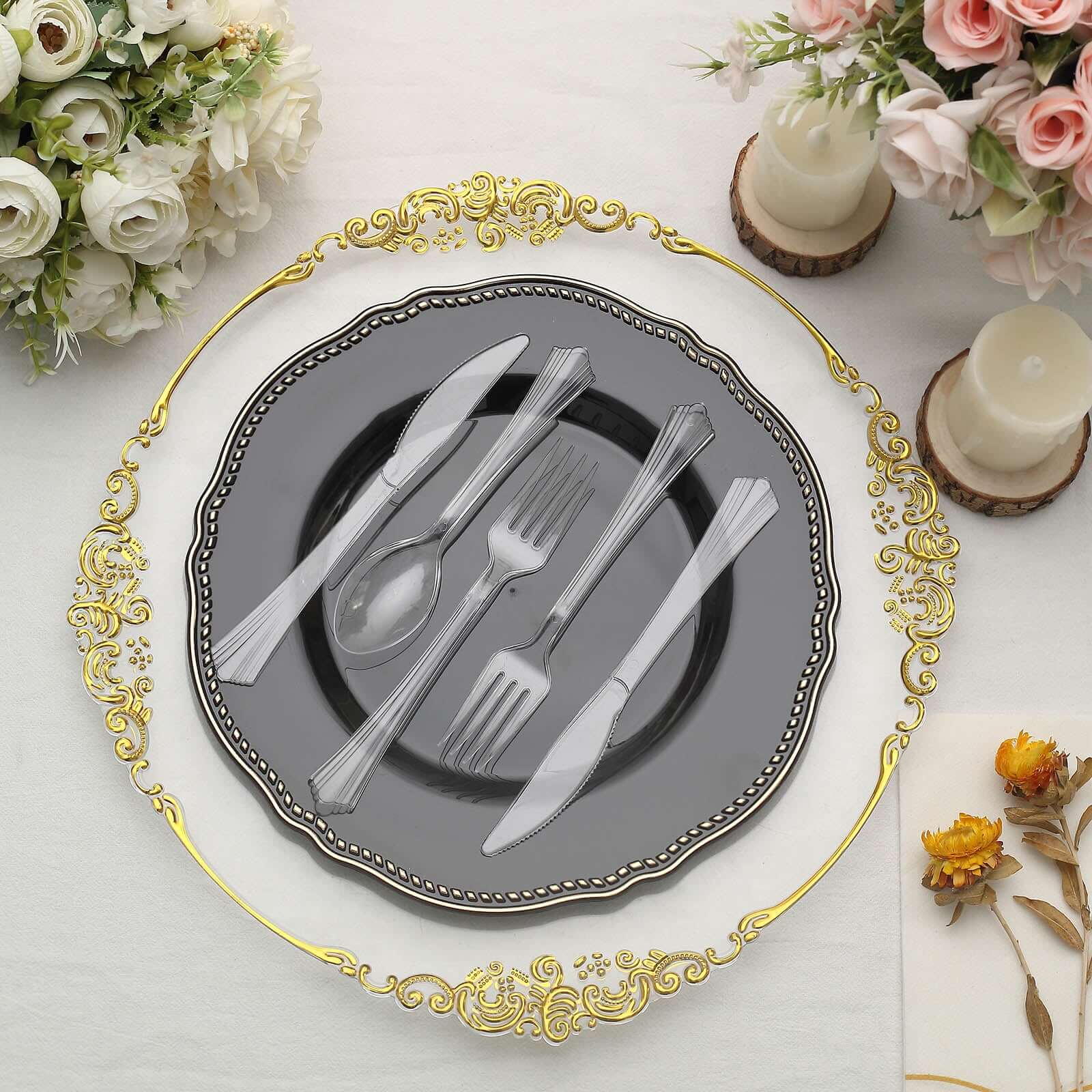 24-Pack Plastic Silverware Set with Fan Flared Tip Handle Clear - Heavy Duty Disposable Utensils 7"