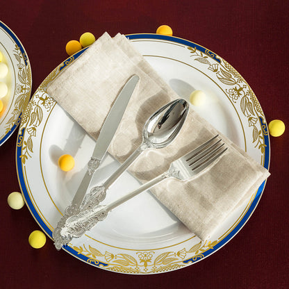 24-Pack Plastic Forks Baroque Style Metallic Silver - Heavy Duty Disposable Silverware 8"