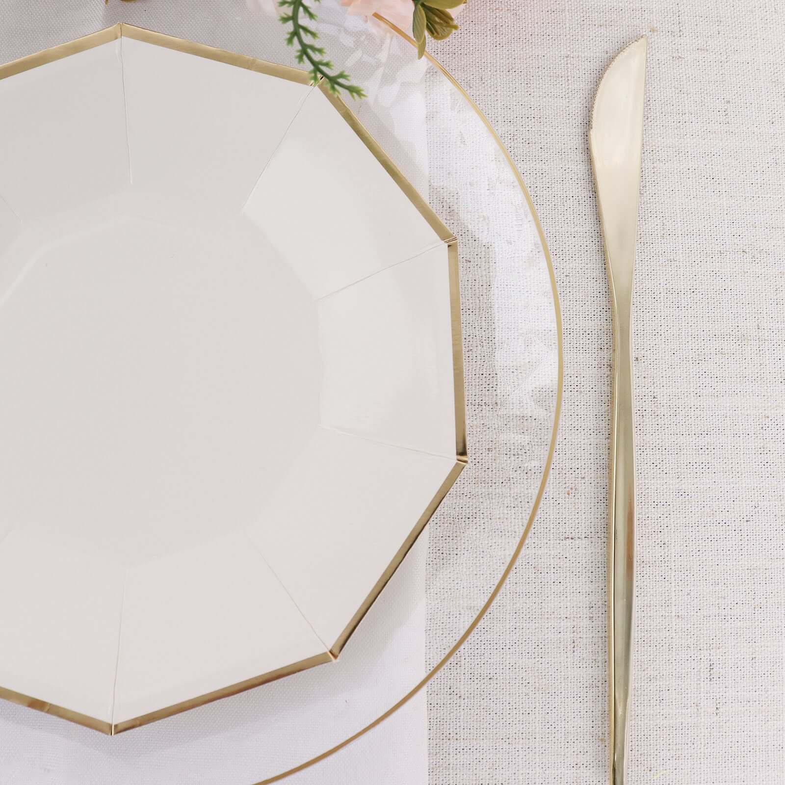 25-Pack Paper 7" Decagon Appetizer Plates in White with Gold Foil Rim - Stylish Geometric Dessert/Salad Plates for Cocktail Parties & Receptions
