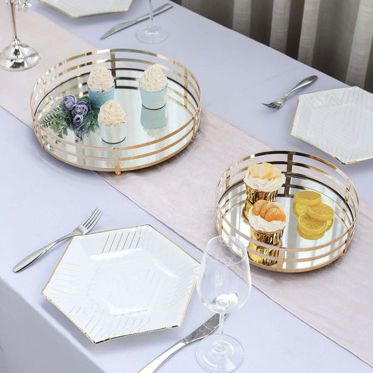 Set of 2 Metal Serving Trays 13", 9" Round Gold with Mirrored Top, Classy Decorative Vanity Tray Centerpiece