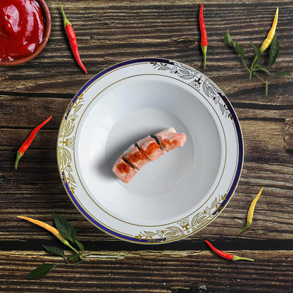 10-Pack Plastic Round Soup Bowl in White with Gold Vine & Royal Blue Rim - Sturdy Disposable Salad Dessert Bowls for Catering & Events 12oz