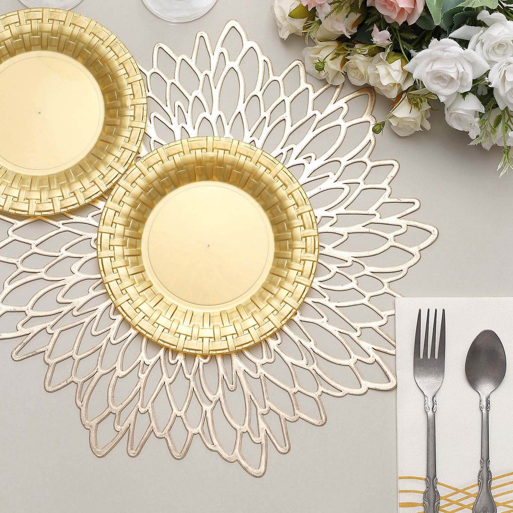10 Pack 7" Gold Basketweave Rim Plastic Salad Dessert Plates, Round Disposable Appetizer Plates