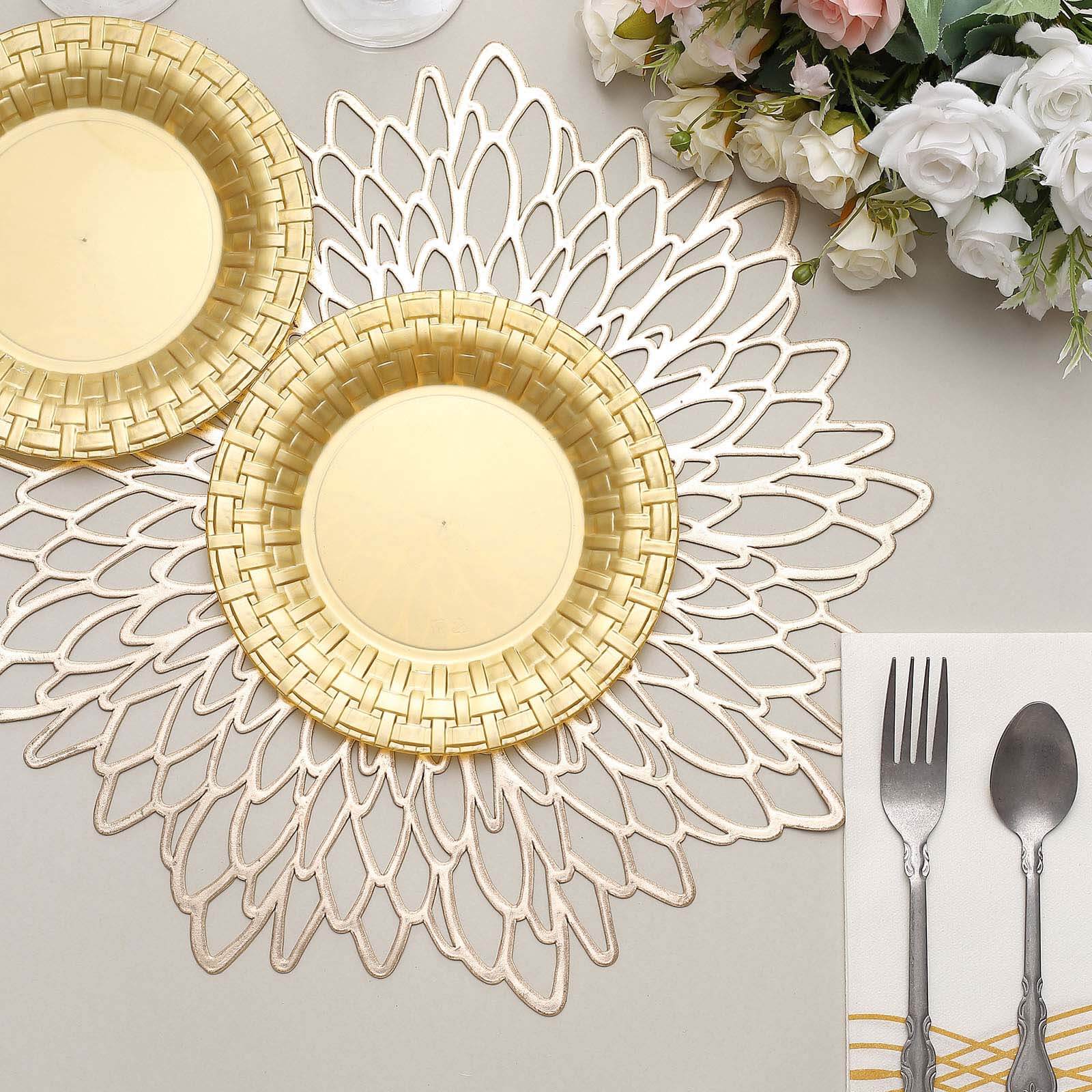 10 Pack 7" Gold Basketweave Rim Plastic Salad Dessert Plates, Round Disposable Appetizer Plates