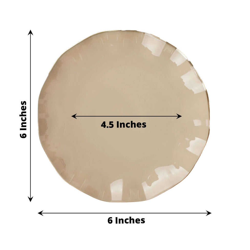 10-Pack Plastic Round 6" Dessert Plates in Taupe Ruffled Rim with Gold Edging - Sturdy Disposable Salad Appetizer Dinnerware