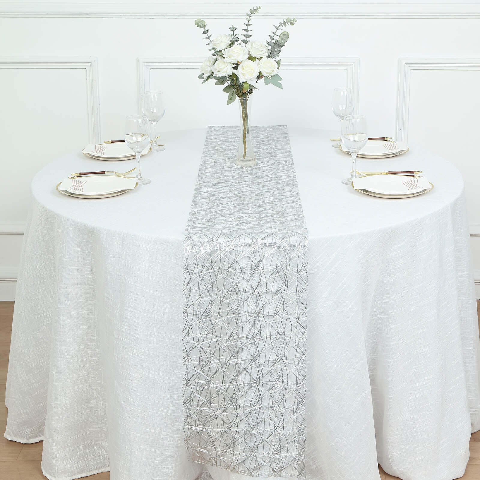 Polyester 12"x108" Table Runner Metallic Silver Disposable Non-Woven Fiber Roll - Stylish & Chic Table Decor