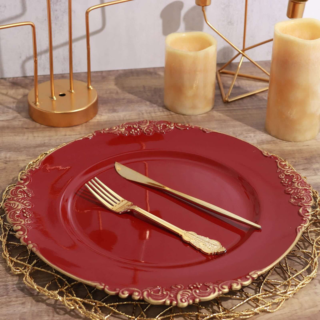 6-Pack Acrylic Round Charger Plates 13" in Burgundy with Gold Embossed Baroque Rim, Antique Decorative Dinner Party Charger Tableware