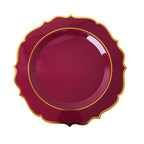 10-Pack Plastic 8" Round Dessert Plates in Burgundy with Gold Scalloped Rim - Disposable Appetizer/Salad Plates