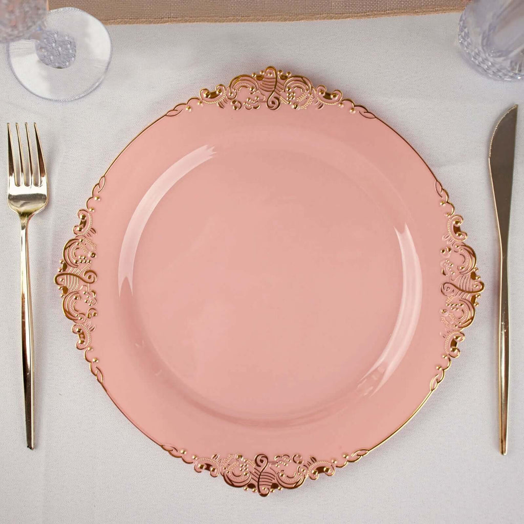 10-Pack Plastic 10" Round Dinner Plates in Dusty Rose with Gold Leaf Embossed Rim - Disposable Vintage Baroque Style Plates