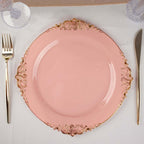 10-Pack Plastic 10" Round Dinner Plates in Dusty Rose with Gold Leaf Embossed Rim - Disposable Vintage Baroque Style Plates