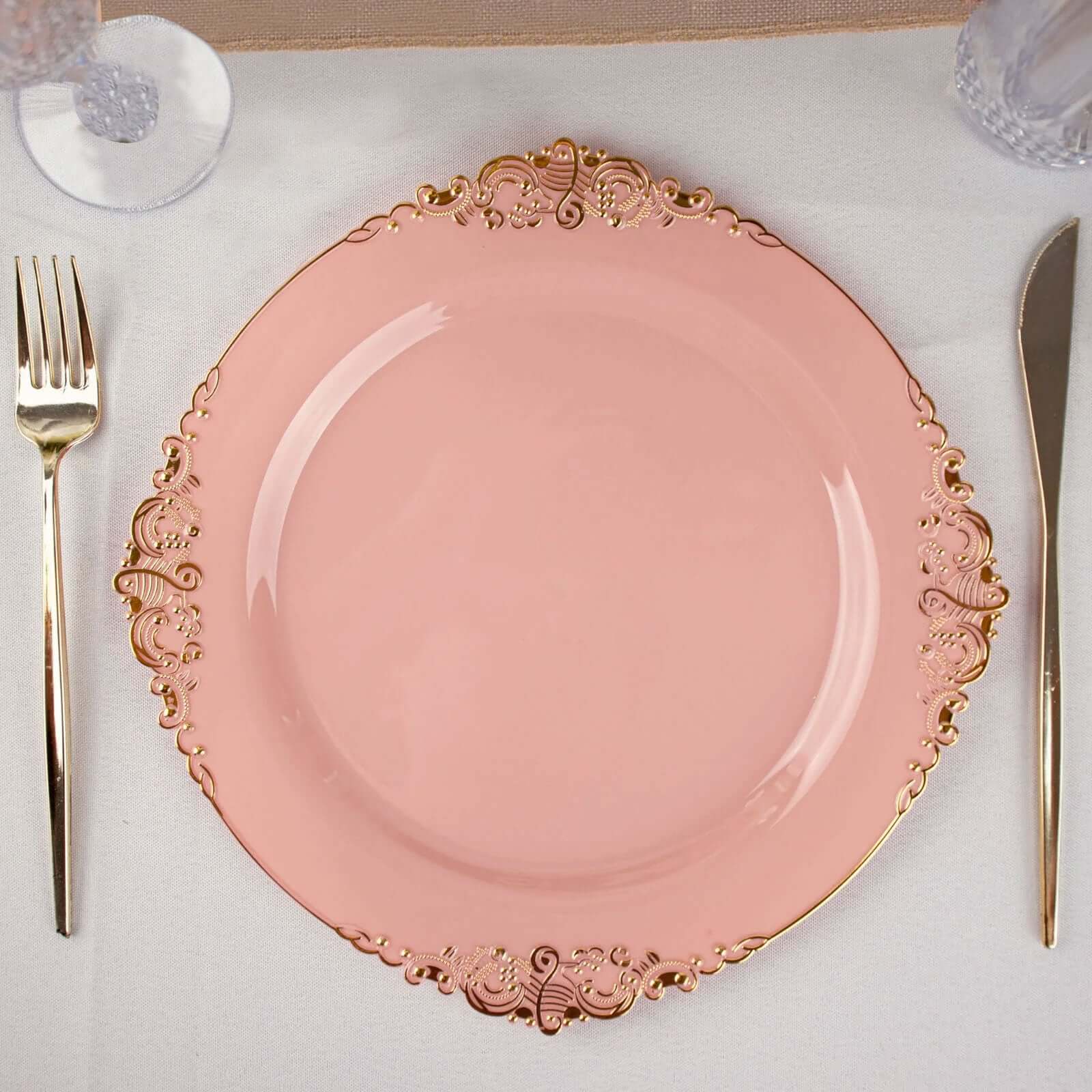10-Pack Plastic 10" Round Dinner Plates in Dusty Rose with Gold Leaf Embossed Rim - Disposable Vintage Baroque Style Plates