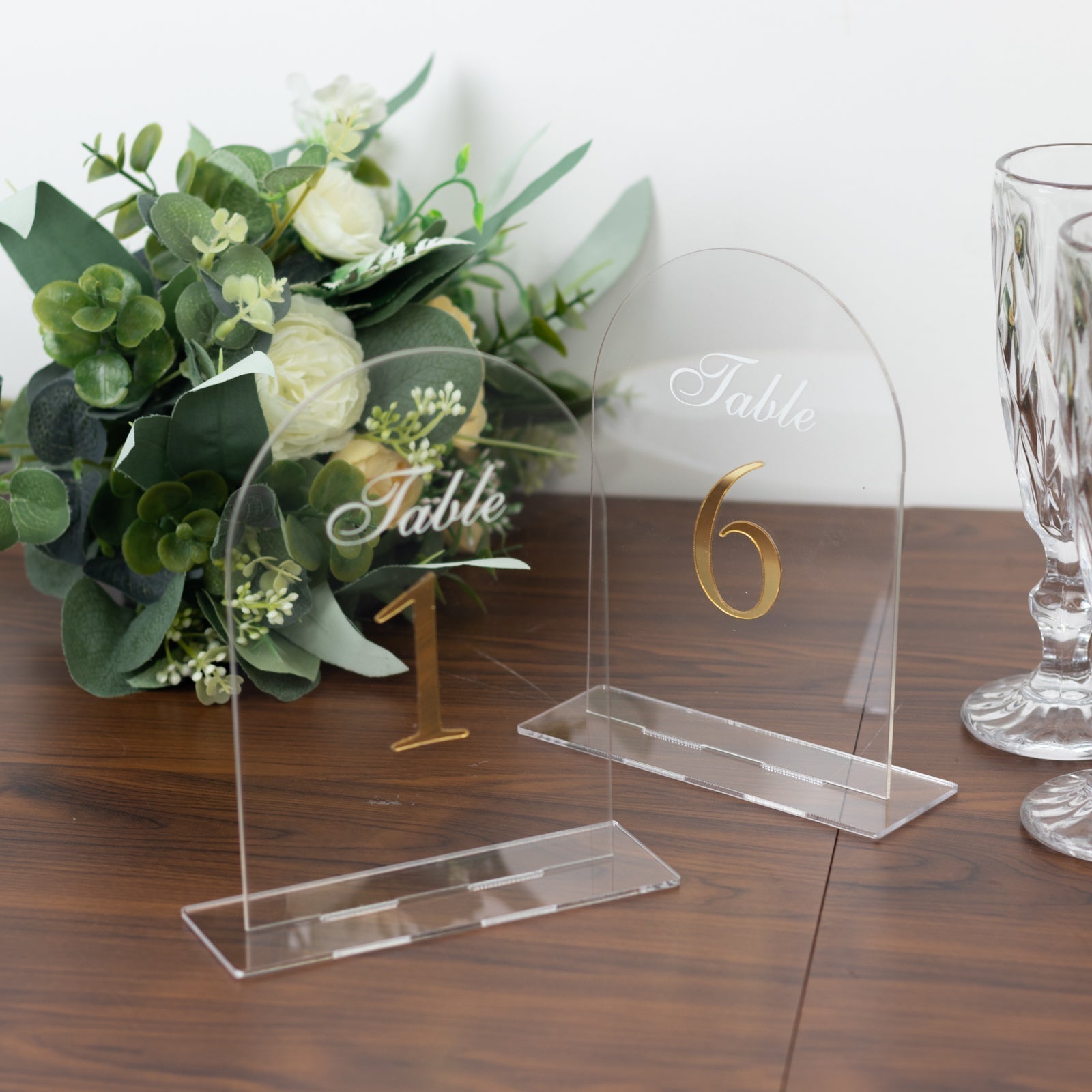 Clear Arch Acrylic Table Numbers (1 - 10) - 6"x7" Wedding Reception Signs with Gold Print & Stands - Bell Racket Store