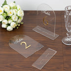 Clear Arch Acrylic Table Numbers (1 - 10) - 6"x7" Wedding Reception Signs with Gold Print & Stands - Bell Racket Store