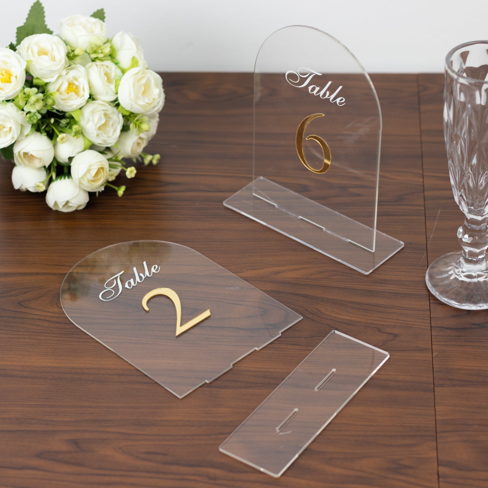Clear Arch Acrylic Table Numbers (1 - 10) - 6"x7" Wedding Reception Signs with Gold Print & Stands - Bell Racket Store