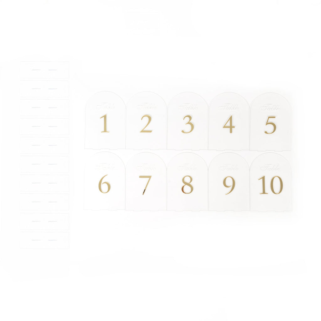 Clear Arch Acrylic Table Numbers (1 - 10) - 6"x7" Wedding Reception Signs with Gold Print & Stands - Bell Racket Store