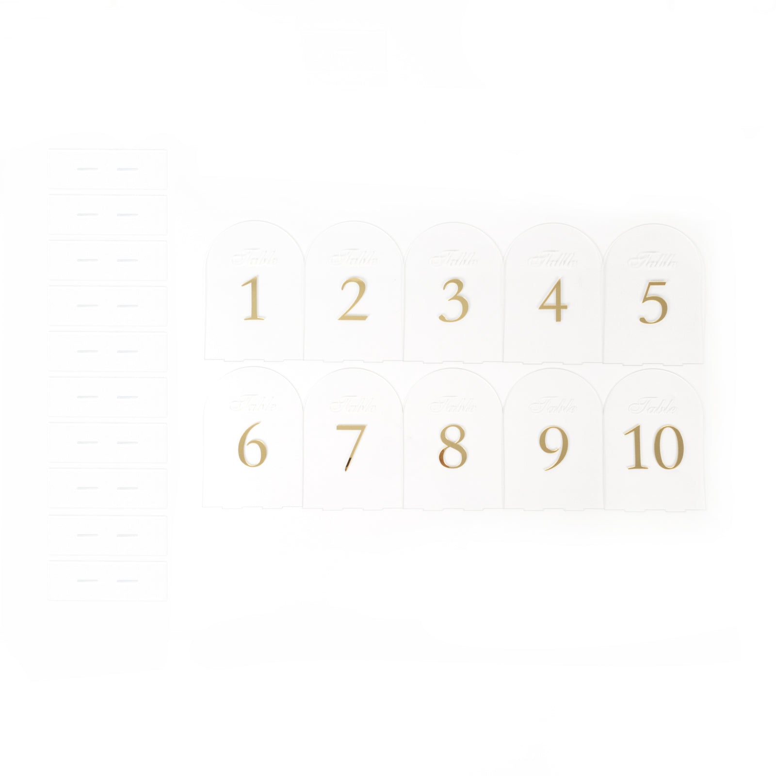 Clear Arch Acrylic Table Numbers (1 - 10) - 6"x7" Wedding Reception Signs with Gold Print & Stands - Bell Racket Store