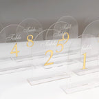 Clear Arch Acrylic Table Numbers (1 - 10) - 6"x7" Wedding Reception Signs with Gold Print & Stands - Bell Racket Store