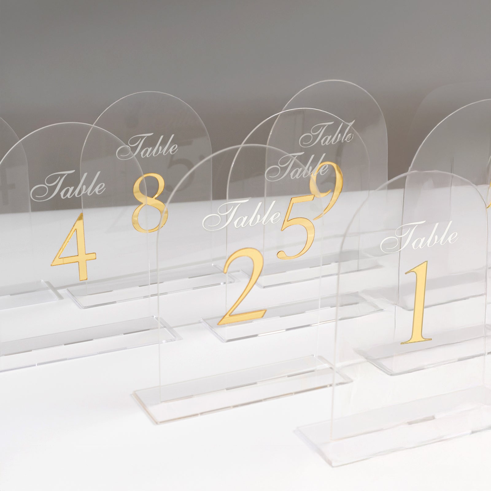 Clear Arch Acrylic Table Numbers (1 - 10) - 6"x7" Wedding Reception Signs with Gold Print & Stands - Bell Racket Store