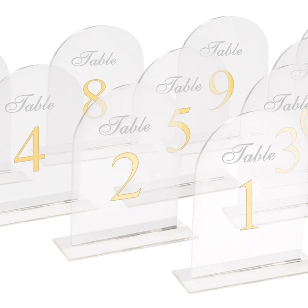 Clear Arch Acrylic Table Numbers (1 - 10) - 6"x7" Wedding Reception Signs with Gold Print & Stands - Bell Racket Store