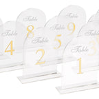 Clear Arch Acrylic Table Numbers (1 - 10) - 6"x7" Wedding Reception Signs with Gold Print & Stands - Bell Racket Store