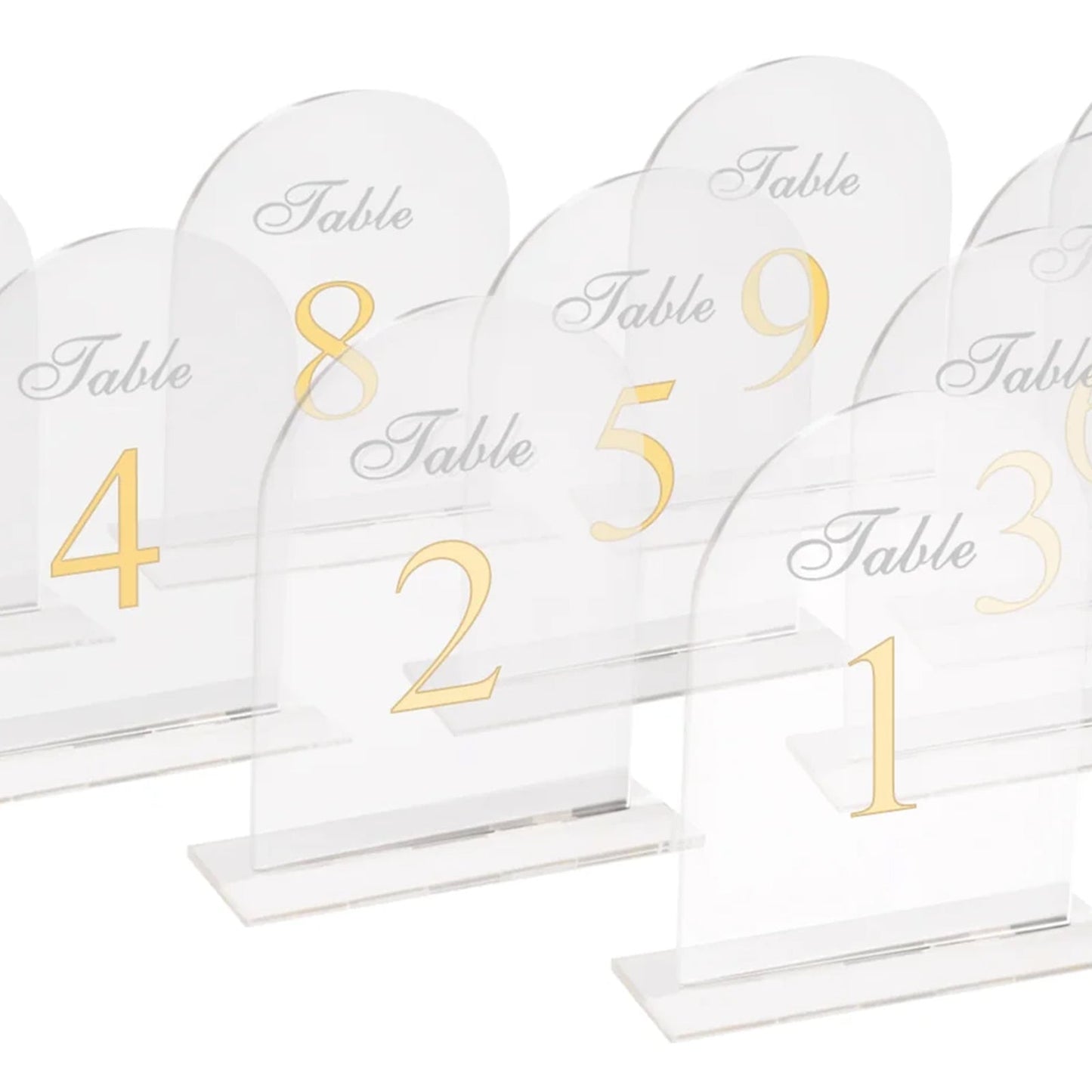 Clear Arch Acrylic Table Numbers (1 - 10) - 6"x7" Wedding Reception Signs with Gold Print & Stands - Bell Racket Store