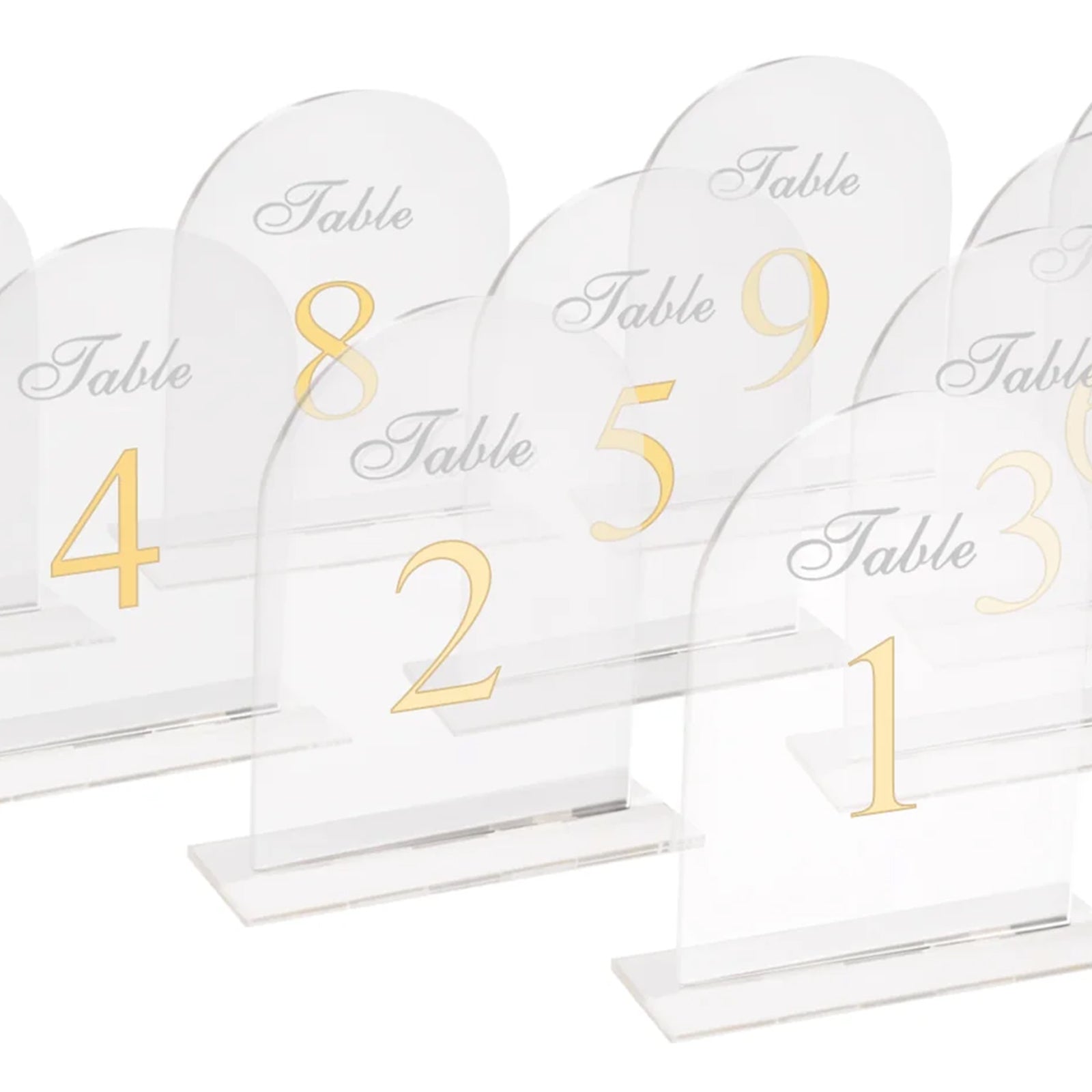 Clear Arch Acrylic Table Numbers (1 - 10) - 6"x7" Wedding Reception Signs with Gold Print & Stands - Bell Racket Store