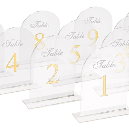 Clear Arch Acrylic Table Numbers (1 - 10) - 6"x7" Wedding Reception Signs with Gold Print & Stands - Bell Racket Store